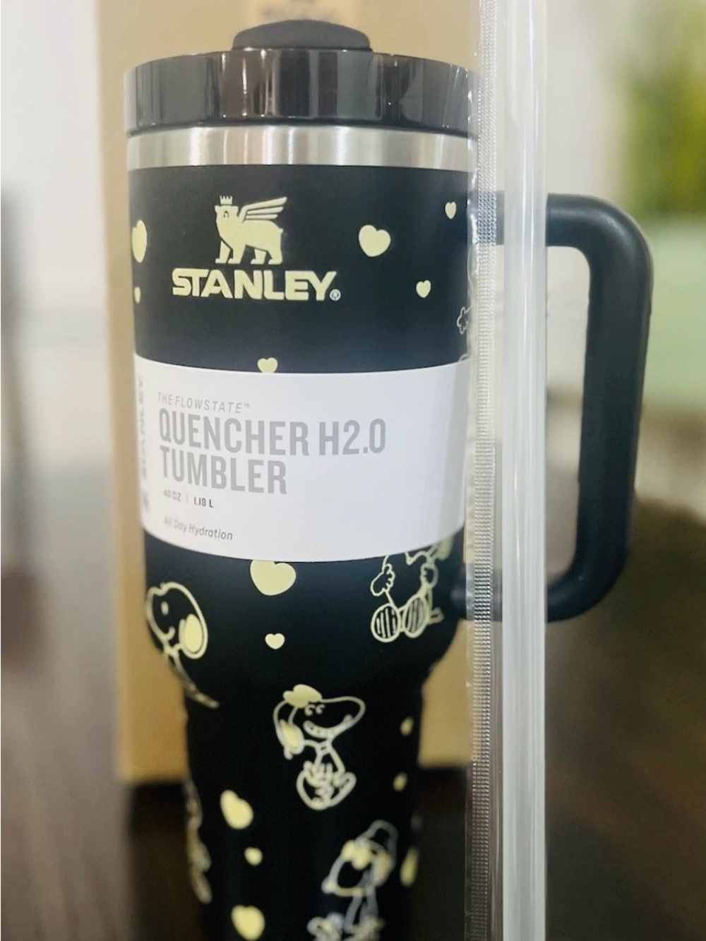 Stanley Black Tumbler with Cream Snoopy Heart Pattern